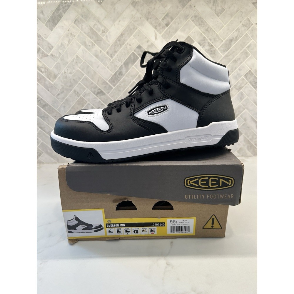 Keen Utility Mens Overton Mid CT Star White Black Leather Work Boots Size 9.5 D